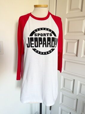 NWOT Sports Jeopardy! Baseball White T-Shirt Red Sleeves Unisex Size Medium